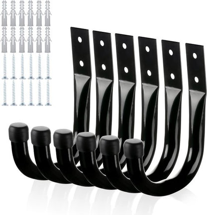 KURUI Heavy Duty Metal Wall Hooks - 6Pcs for Garage Organization | Large Black Utility J Hooks