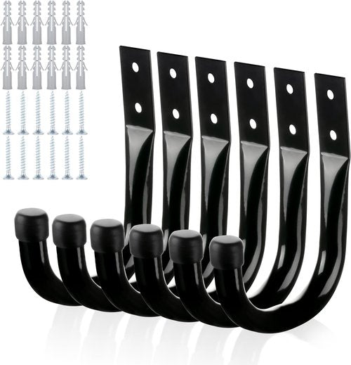 KURUI Heavy Duty Metal Wall Hooks - 6Pcs for Garage Organization | Large Black Utility J Hooks
