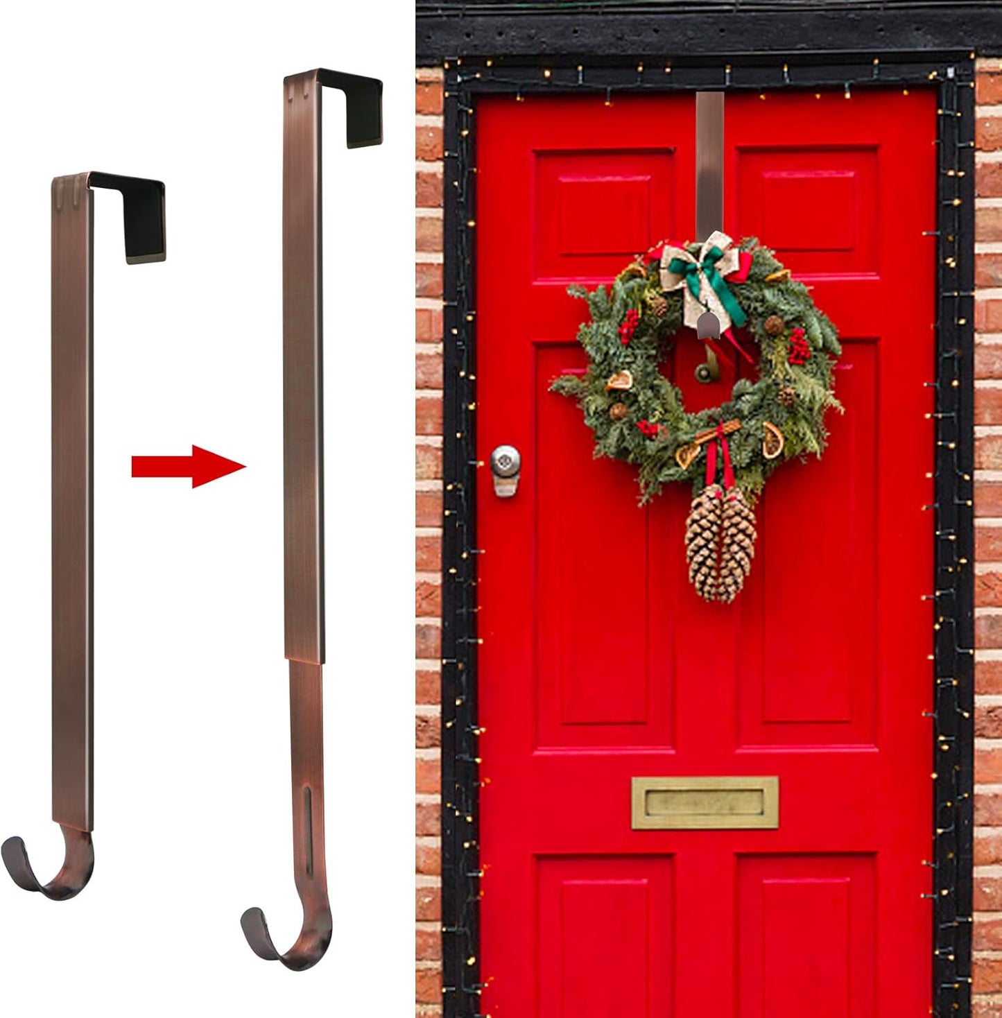 ZMCINER Wreath Hanger - Adjustable 15-25 Inch Hook for Front Door | 20 lbs Capacity, Bronze Finish