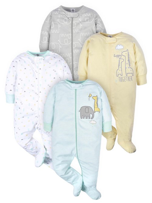 Gerber Unisex Baby 4 Pack Sleep 'N Play Footie Animals Green Newborn