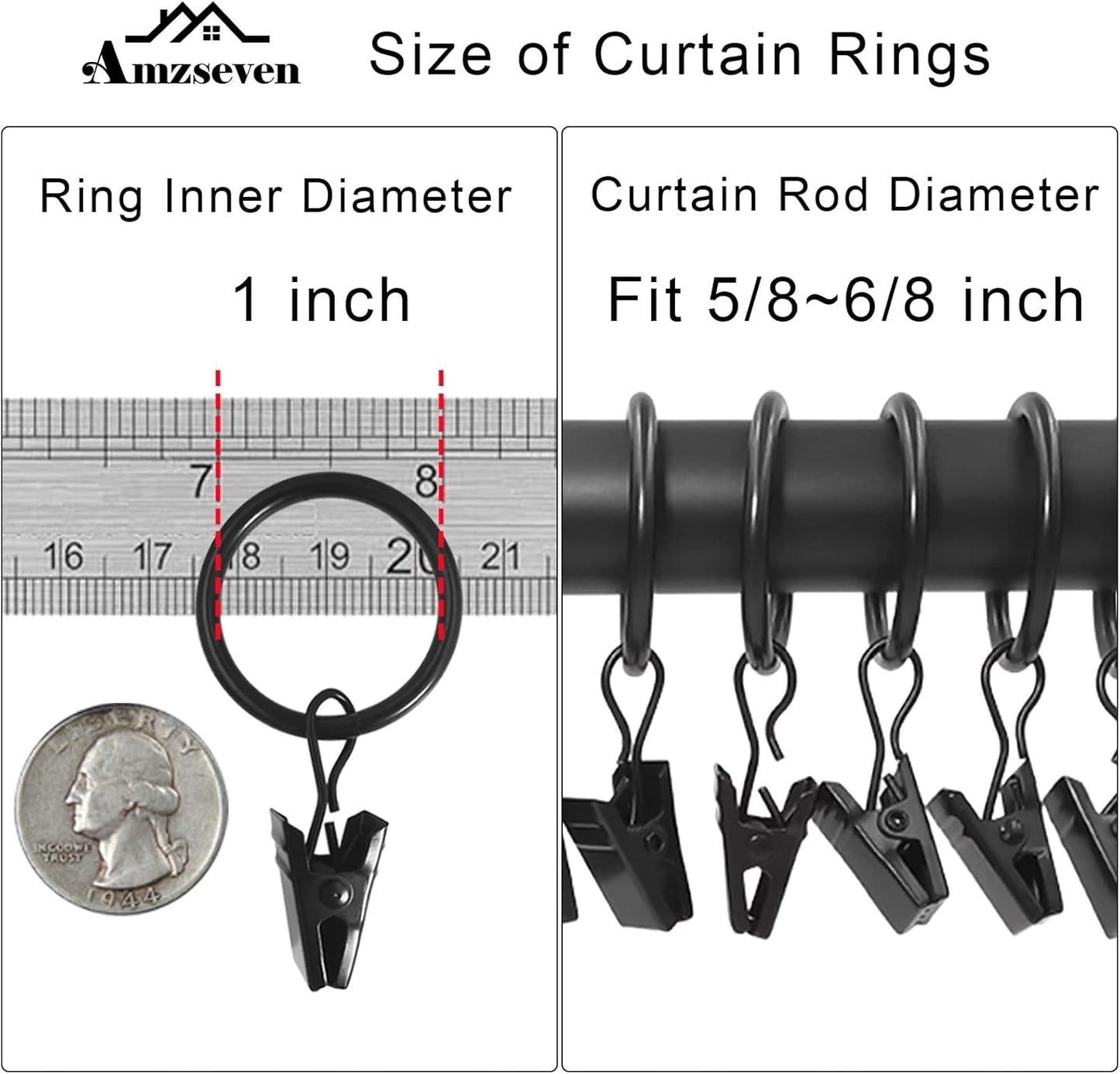 Skiennix 44 Pack Metal Curtain Rings - Durable Drapery Clips with 1-Inch Inner Diameter | Fits 5/8-Inch Rods, Black