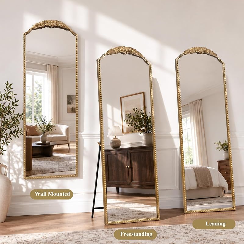 Arched Full-Length Mirror 22x65 in Vintage Gold Beaded Frame - Freestanding or Leaning
