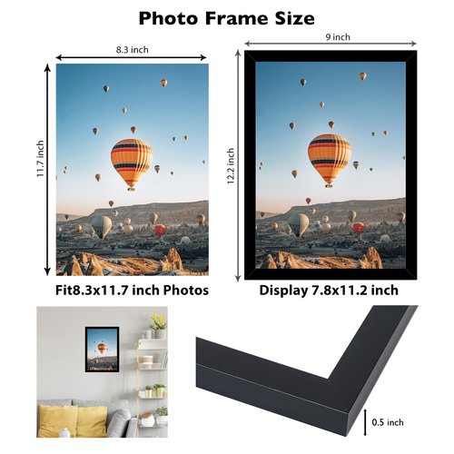 8.3x11.7 A4 Picture Frame Black for Wall Hanging or Tabletop, Wall Mounting Horizontally or Vertically, A4 Frame 8.3 x 11.7 Wall Gallery Poster Photo Frame with Shatter Resistant Plexiglass, Black