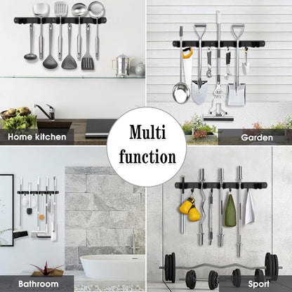 AceMining Mop and Broom Holder - 2 Pack Wall Mount Organizer with 5 Racks & 4 Heavy-Duty Hooks | Stainless Steel, Non-Slip Design for Home & Garden