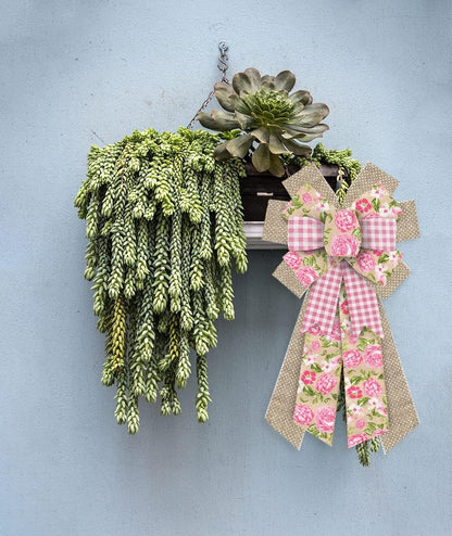Skiennix Large Spring Wreath Bow - Pink Roses & Burlap Design for Indoor/Outdoor Decor