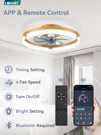 LEDIARY Ceiling Fans with Lights and Remote, 19.7 Inch Low Profile Ceiling Fan, 6 Speeds, Reversible, Dimmable Flush Mount Fan Light,Modern Ceiling Fan with Light for Bedroom, Gold