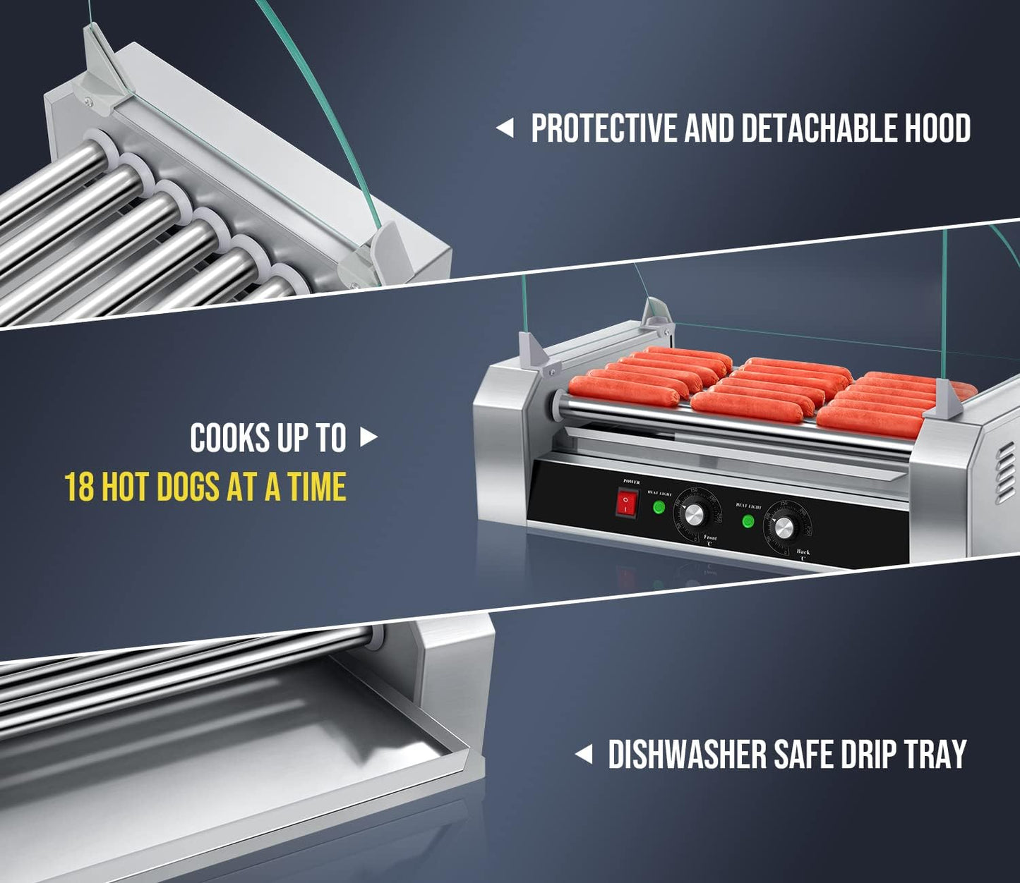 SYBO Hot Dog Roller - 18 Capacity, Non-Stick Stainless Steel, Detachable Glass Cover, 1000 Watts