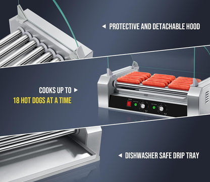 SYBO Hot Dog Roller - 18 Capacity, Non-Stick Stainless Steel, Detachable Glass Cover, 1000 Watts