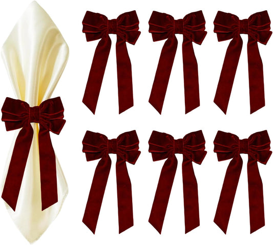Meseey Bow Napkin Rings - Set of 6 Luxury Burgundy Velvet Holders for Elegant Holiday Table Decor