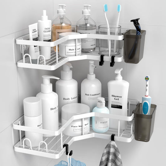 AKTECKE Shower Caddy | 2-Pack Corner Organizer Shelf - No-Drill Stainless Steel Bathroom Storage with Hooks