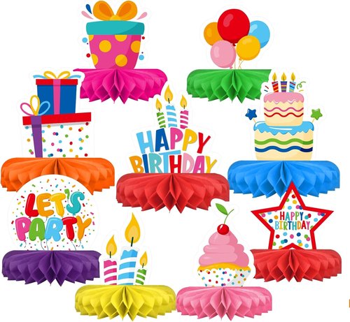 Happy Birthday Decorations Set - Colorful Honeycomb Centerpieces for Kids' Birthday Party