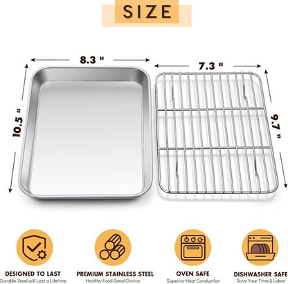 E-far Stainless Steel Baking Pan Set - 10.5”x8.3” Toaster Oven Tray with Wire Rack for Broiling & Roasting