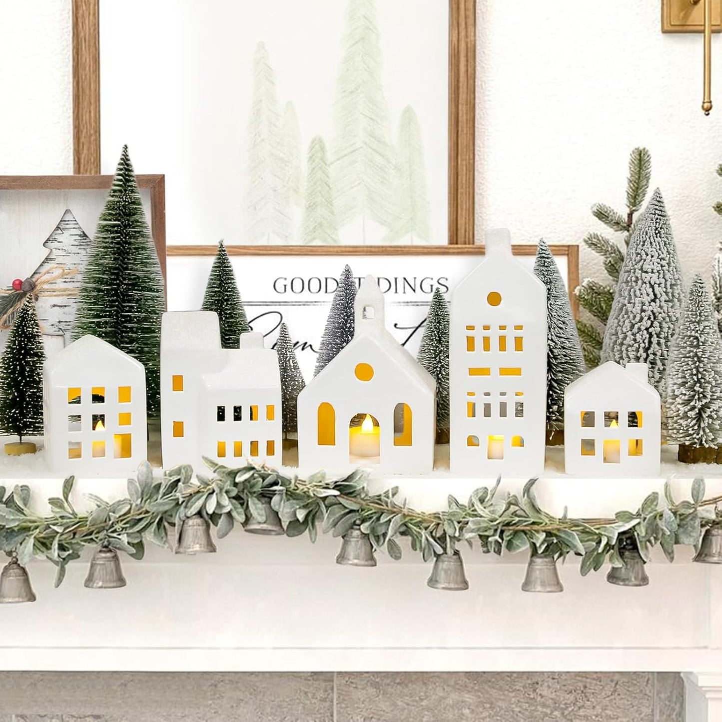 Regine Switzerland Christmas Village Set - 5 Lighted Ceramic Houses with Remote Control & 9 Trees | Rustic Indoor Holiday Decor