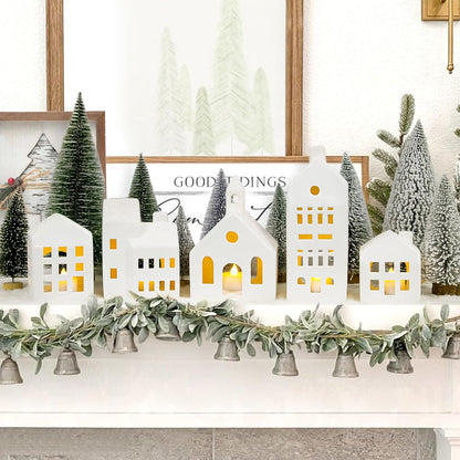 Regine Switzerland Christmas Village Set - 5 Lighted Ceramic Houses with Remote Control & 9 Trees | Rustic Indoor Holiday Decor