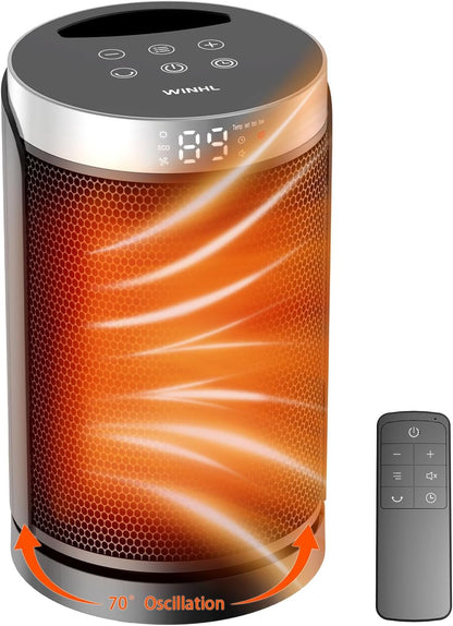 WINHL Portable Electric Space Heater - 1500W PTC Ceramic with Thermostat, Remote & 70° Oscillation | Ideal for Home & Office