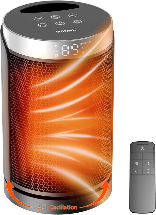 WINHL Portable Electric Space Heater - 1500W PTC Ceramic with Thermostat, Remote & 70° Oscillation | Ideal for Home & Office