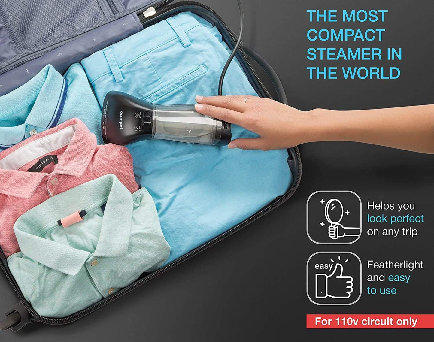 Polardo Travel Garment Steamer - Compact Handheld Clothes Steamer with 360° Anti-Spill Technology