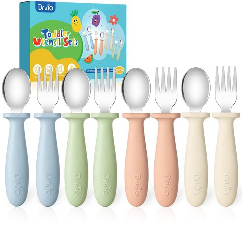 DRKIO 8 Pieces Toddler Utensils Set - Kids Silverware Set with Silicone Handle Children Safe 18/8 Stainless Steel Forks and Spoons Anti-Choke Design Food Grade Dishwasher Safe
