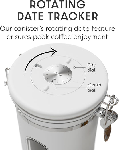 Veken Coffee Canister - Airtight Stainless Steel Container with Window | 22oz White for Grounds, Beans, Tea, and More