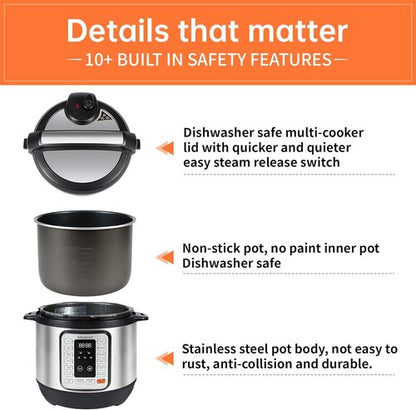 KINGBULL 12-in-1 Electric Pressure Cooker - Multi-Use Non-Stick Pot with LED Screen (8QT)