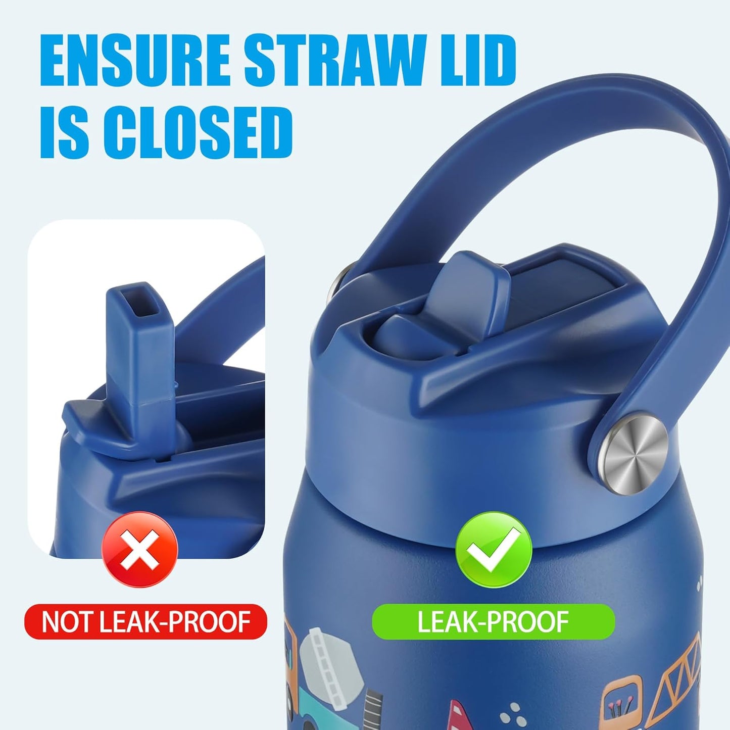 OLDLEY Kids Water Bottle - 18oz Insulated Stainless Steel | Leakproof Design with Wide Straw Lid - Blue Engineering Car