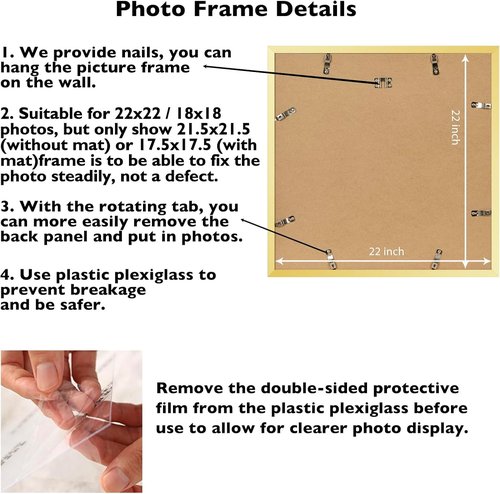 JCJMY 22x22 Gold Picture Frame - Display 18x18 Photos with Mat or 22x22 Without Mat | Shatter-Resistant Plexiglass