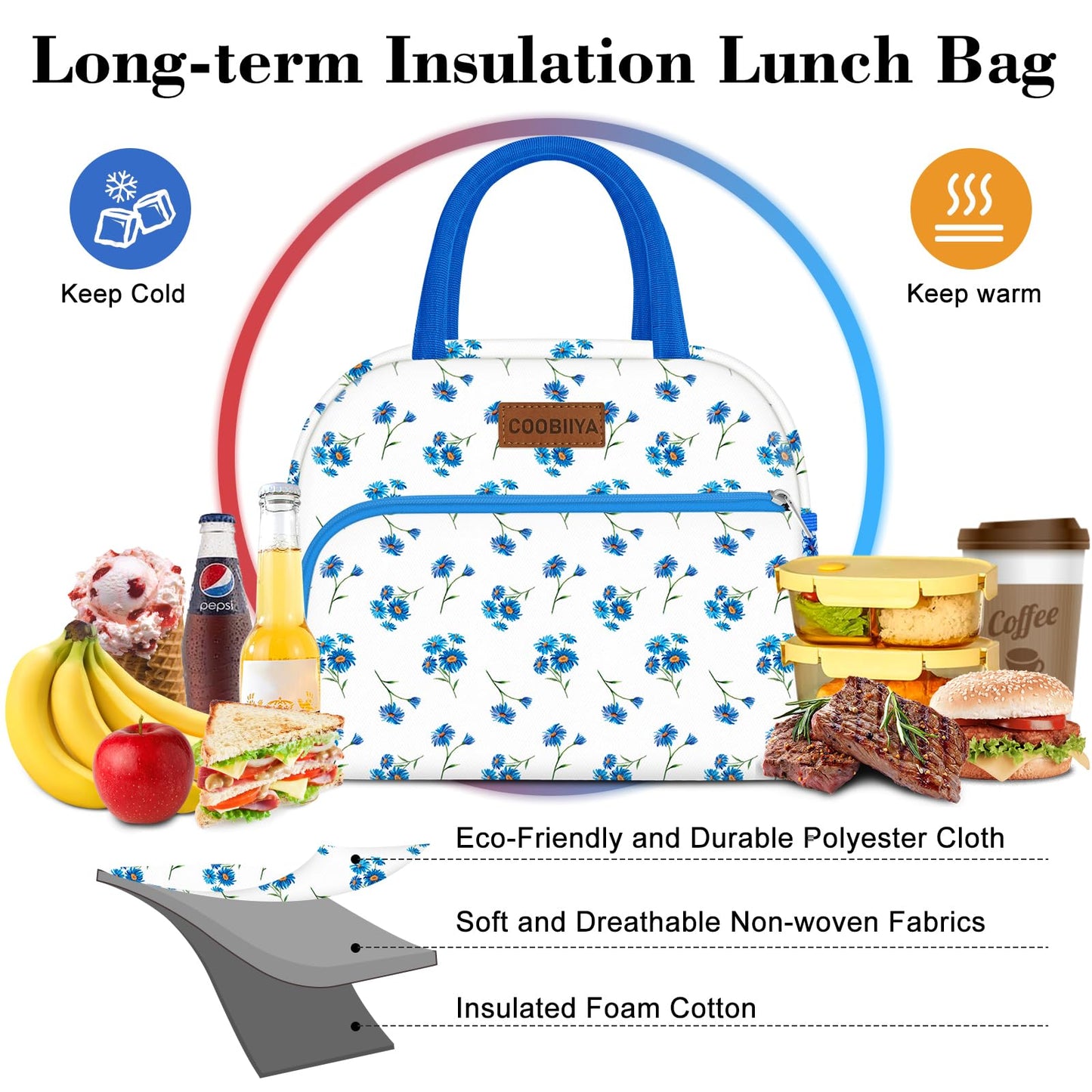 Coobiiya Lunch Bag Women, Lunch Box Lunch Bag for Women Adult Men, Small Leakproof Cute Lunch Tote Large Capacity Reusable Insulated Cooler Lunch Container for Work/Office/Picnic/Travel-Blue Daisy