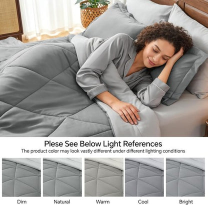 BEDELITE Queen Comforter Set - 7-Piece Reversible Grey Microfiber Bedding Set for Year-Round Comfort