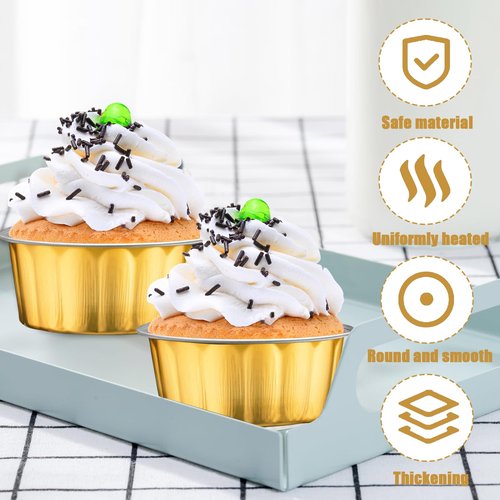 100 Pcs 8 oz Aluminum Foil Cup with Lids Disposable Ramekins with Lids Disposable Ramekin Baking Cups Foil Cupcake Containers for Wedding, Christmas, Kitchen, Party (Silver, Gold, 8 oz)