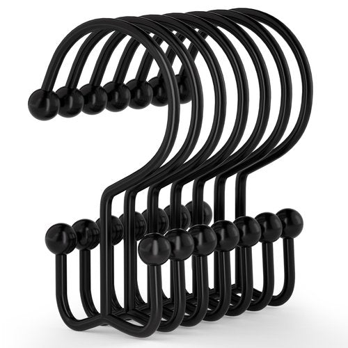 Goowin Shower Curtain Hooks, 12 Pcs Shower Curtain Rings, Durable Rust Proof Black Shower Curtain Hooks, Shower Rings for Curtain, Double Glide Shower Hooks for Shower Curtain Rods, Black