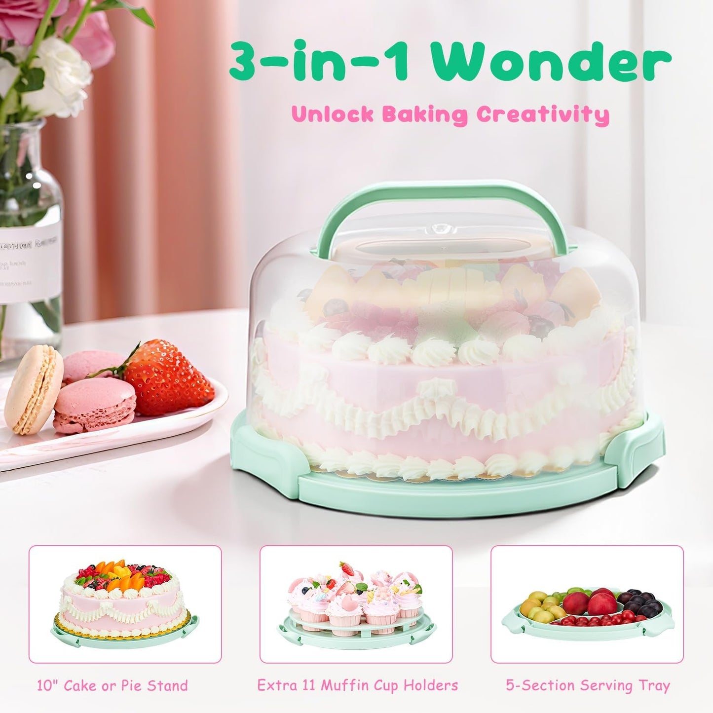 Skiennix Cake Carrier - BPA-Free 10-Inch Round Cake Holder with Lid & Handle | Includes 10 Golden Cake Boards & Insulated Bag