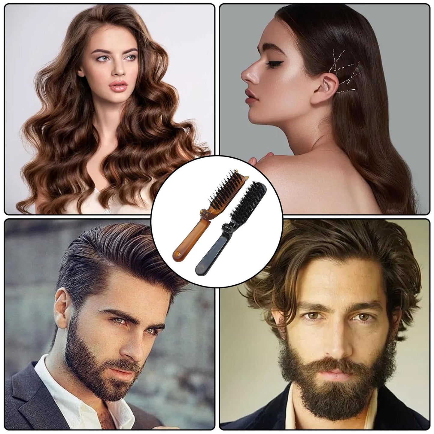 Travel Folding Hair Brush Portable Pocket Boar Bristle Brush for Women, Men, and Children, Folding Mini Boar Bristle for Wet and Dry Hair, Curly and Detangle 2 Pack