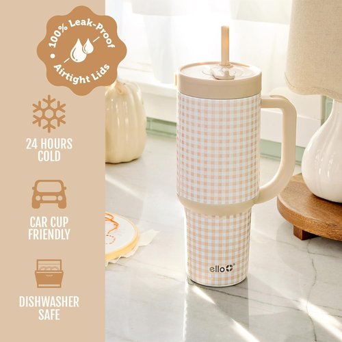 Ello Oasis 30oz Stainless Steel Water Bottle - Stylish Beige Gingham Design