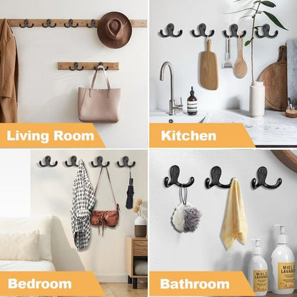 CBWLWJ Heavy Duty Double Prong Coat Hooks - 10 Pack Wall Mounted Metal Hooks for Home Organization | Black