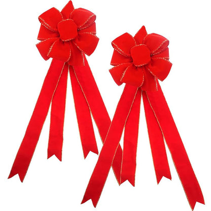 Velvet Red Christmas Tree Bows, 2-Pack Handmade Topper with Gold Wire - 11in x 15.7in Ready-to-Use