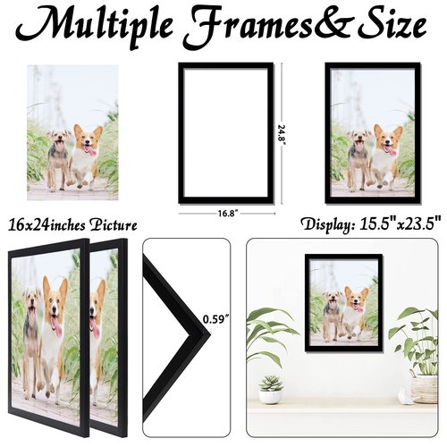icariery 16x24 Picture Frame Set of 2, Black Photo Frames High Transparent Wall Gallery Desktop Horizontal Vertical for Canvas Collage Photo Poster Certificate 16 x 24 inches