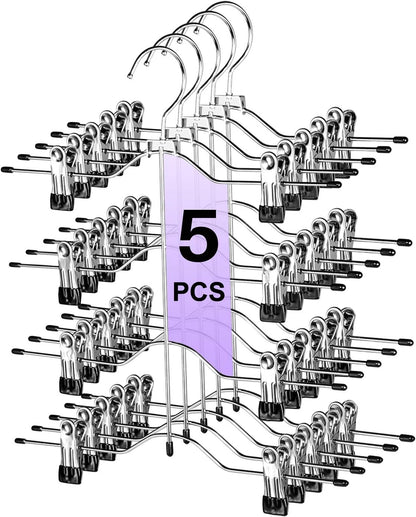 Skiennix Multi-Layer Pants Hangers - 4-Tier Adjustable Clip Skirt Organizer | Heavy-Duty Non-Slip Design (Black)