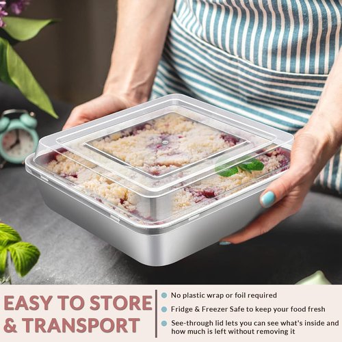 E-far Square Cake Pan Set - 6/8/9-Inch Stainless Steel Bakeware with Lids | Non-Toxic & Dishwasher Safe - 6 Pieces