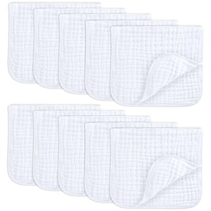 Comfy Cubs Muslin Burp Cloths 20" x 10", Pack of 10 - Large, 6-Layer, Ultra Absorbent 100% Cotton for Baby Drool and Messes - Soft, Safe & Gentle Baby Burp Cloths for Boys & Girls - White