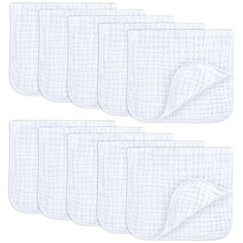 Comfy Cubs Muslin Burp Cloths 20" x 10", Pack of 10 - Large, 6-Layer, Ultra Absorbent 100% Cotton for Baby Drool and Messes - Soft, Safe & Gentle Baby Burp Cloths for Boys & Girls - White