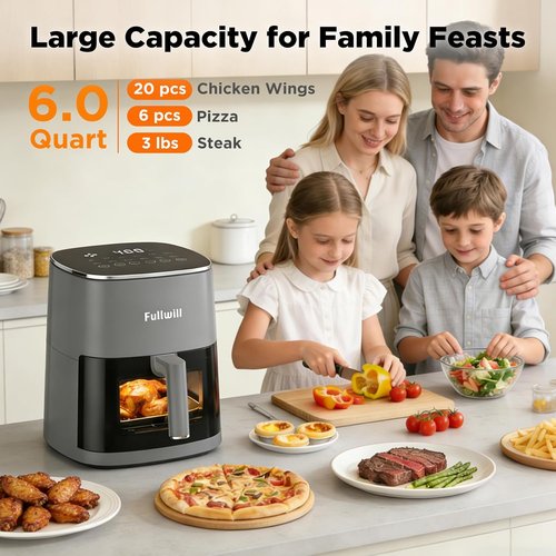 Fullwill 6QT Air Fryer - 12-in-1 Multi-Function Cooking with Viewing Window & Nonstick Basket | Max 400℉, Gray