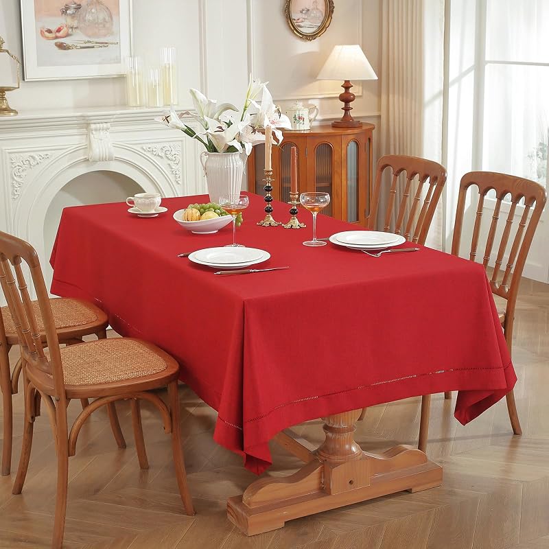 Red Hemstitch Tablecloth – Faux Linen 86" × 60" Rectangle, Handmade Fringe