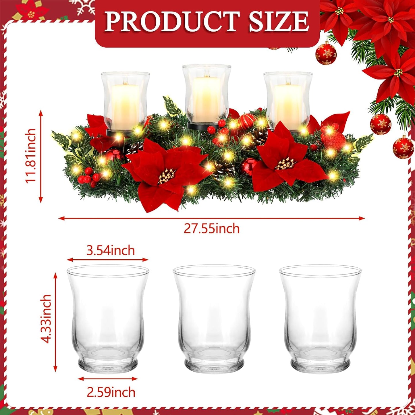 Sliner Christmas Candle Holder - Romantic Poinsettia Glass Centerpiece for Holiday Table Decor