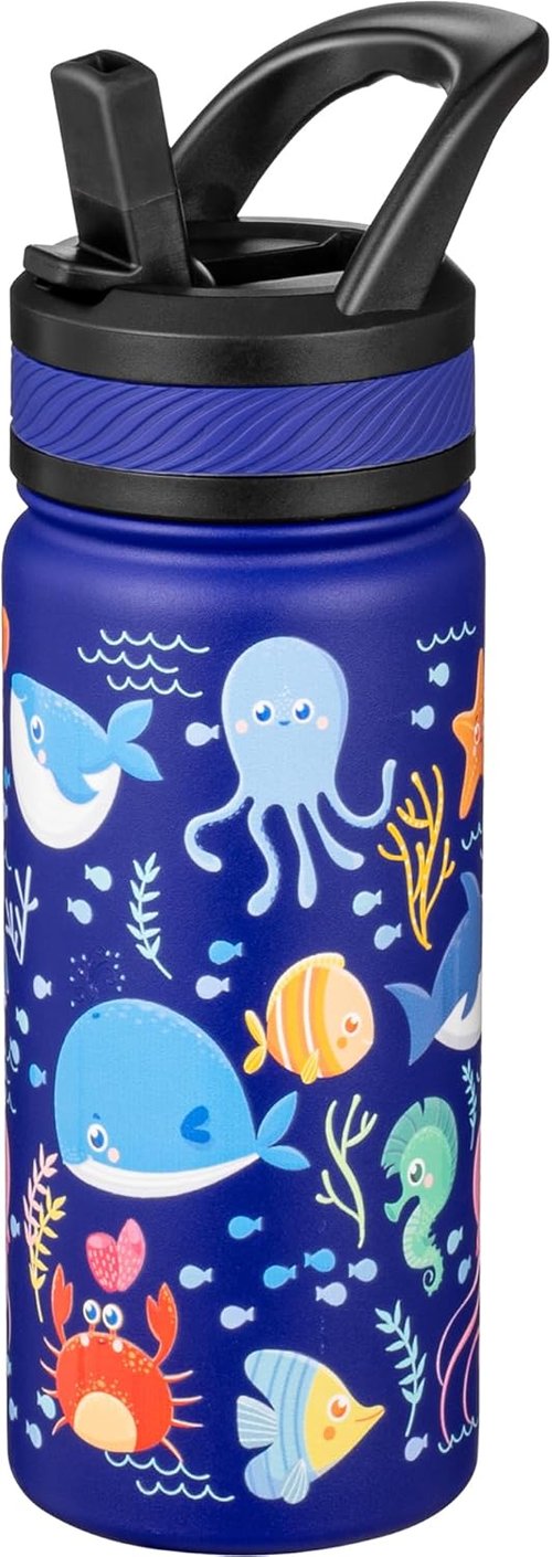 Fanhaw Insulated Kids Water Bottle - 18 Oz Stainless Steel, Leakproof & BPA Free | Blue Ocean