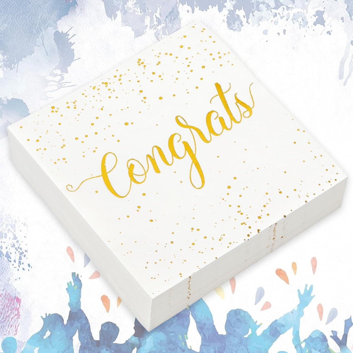 Whaline Cocktail Napkins - 80 Pcs White Gold Foil Congrats Design for Graduation & Celebrations