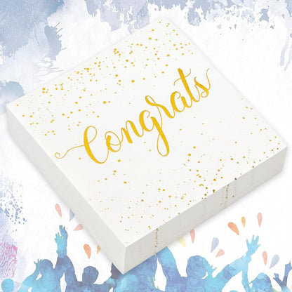 Whaline Cocktail Napkins - 80 Pcs White Gold Foil Congrats Design for Graduation & Celebrations