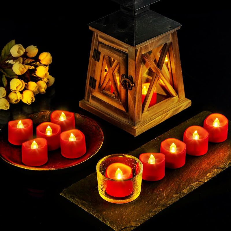 Red Base Warm White Flickering LED Tea Lights, 6H Auto Timer - 12 Pack (Variation: Red)