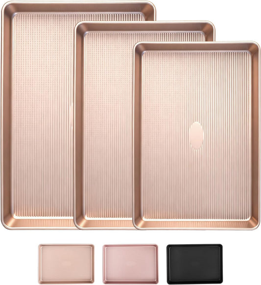 Sakerplus Nonstick Baking Sheet Pan Set - Heavy Duty Cookie Sheets, Rust-Resistant, Easy Clean | 3-Piece Set in Champagne Gold