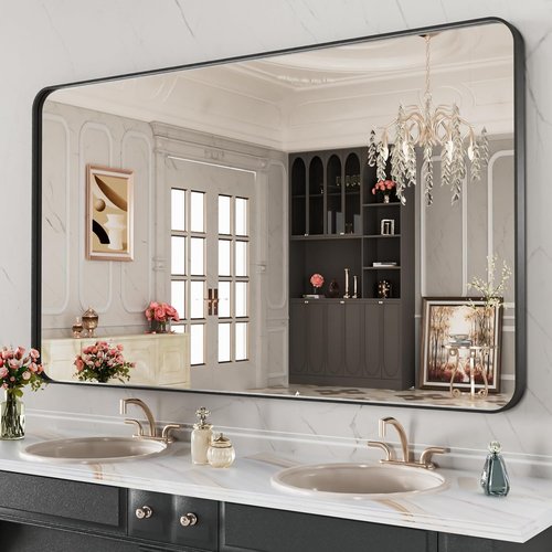LOAAO Black Metal Framed Bathroom Mirror - 48x28 Inch Matte Black Vanity Mirror, Anti-Rust, Tempered Glass