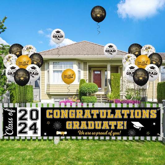 AKEROCK Graduation Decorations Class of 2024 with 32 Balloons, Large Congratulations Graduate Banner for Yard, Graduation Banner for 2024 Graduation Party Decorations Supplies(Black, Gold and White)